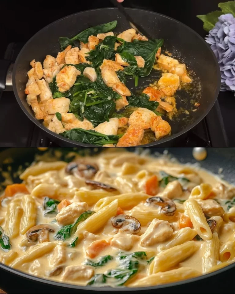 Romige kip pasta met spinazie en champignons in een bord