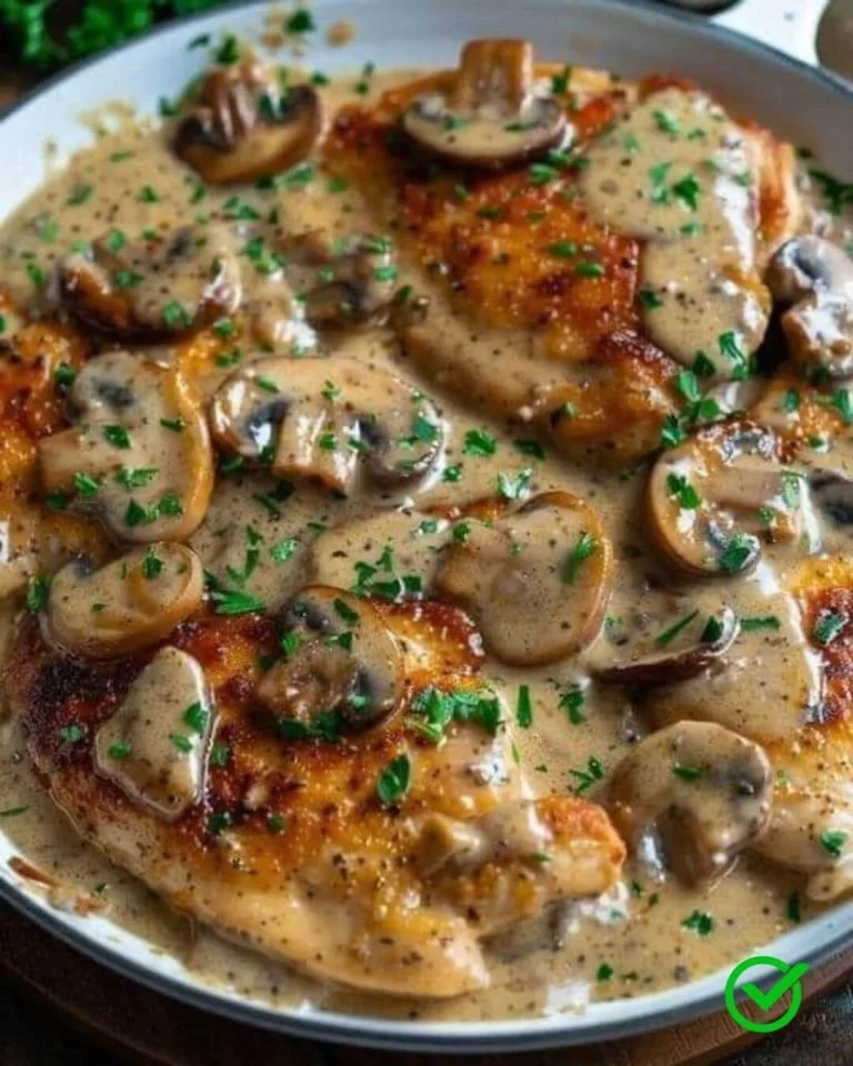 Romige Kippen- en Champignonpan met kip en champignons, klaar om te serveren.