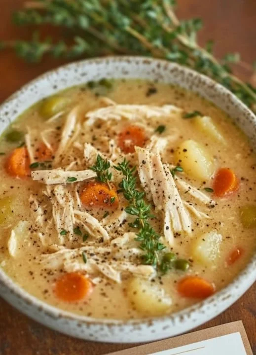 Romige Kippen Pot Pie Soep in een mooie kom, geserveerd met verse kruiden.