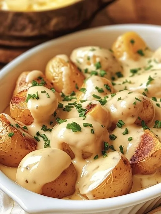 Romige knoflook baby aardappelen in een elegante serveerschaal