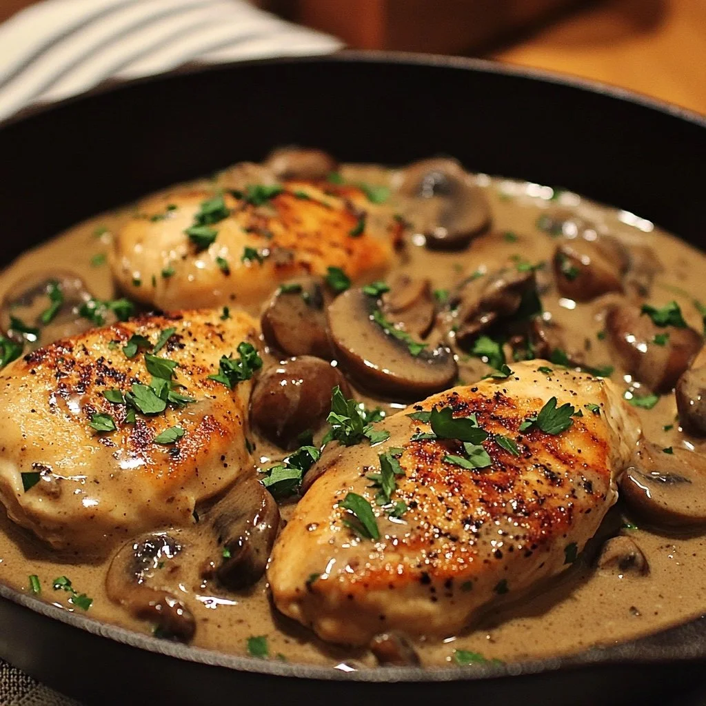 Romige knoflook champignon kip in een skillet met verse ingrediënten