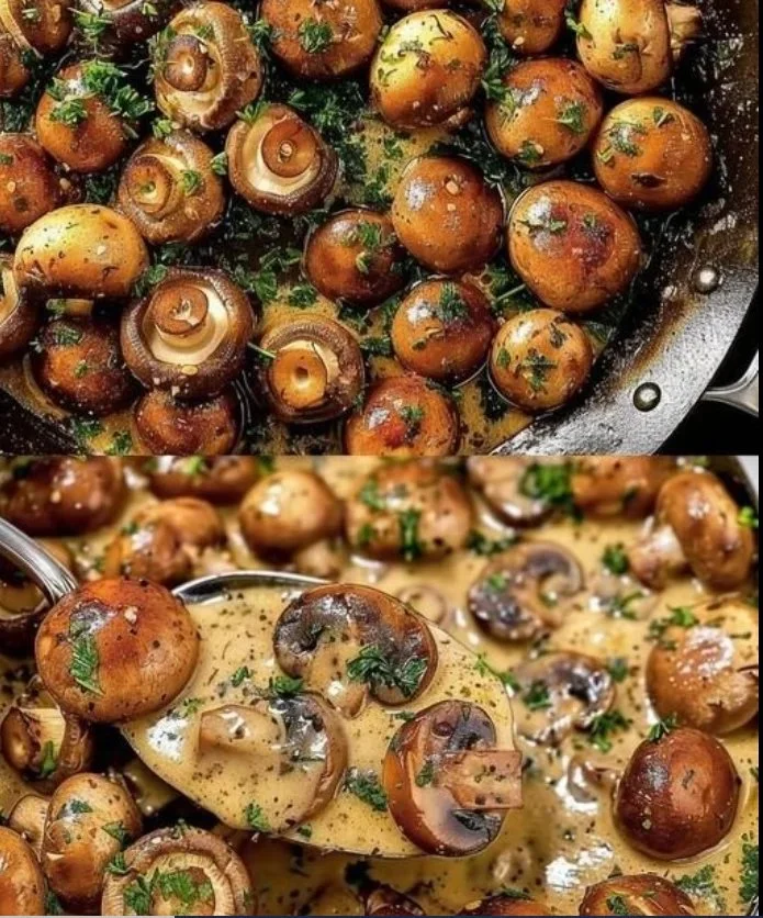 Romige knoflook champignons in een pan, klaar om te serveren.