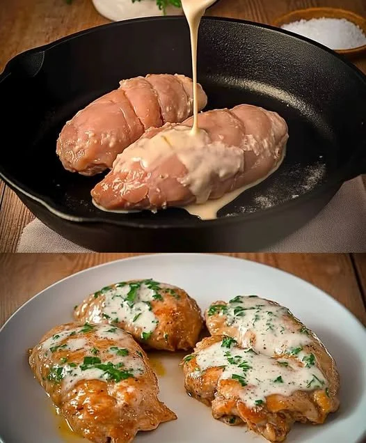 Romige knoflookkip met een romige saus en verse kruiden op een bord