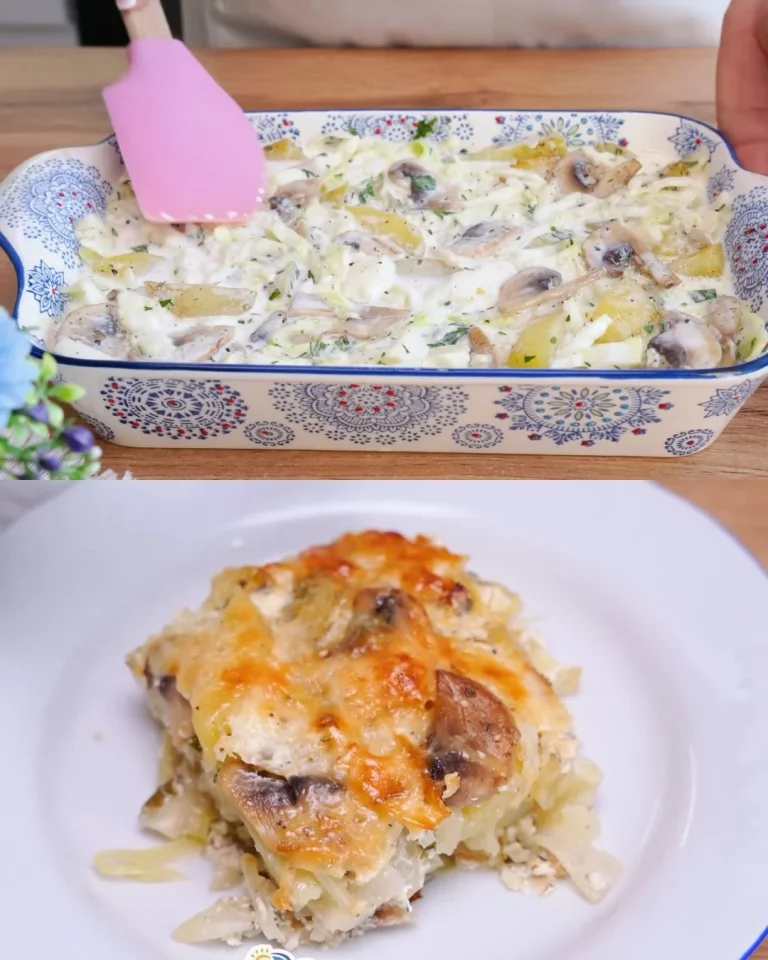 Romige koolovenschotel met aardappelen, champignons en Parmezaan op een bord.