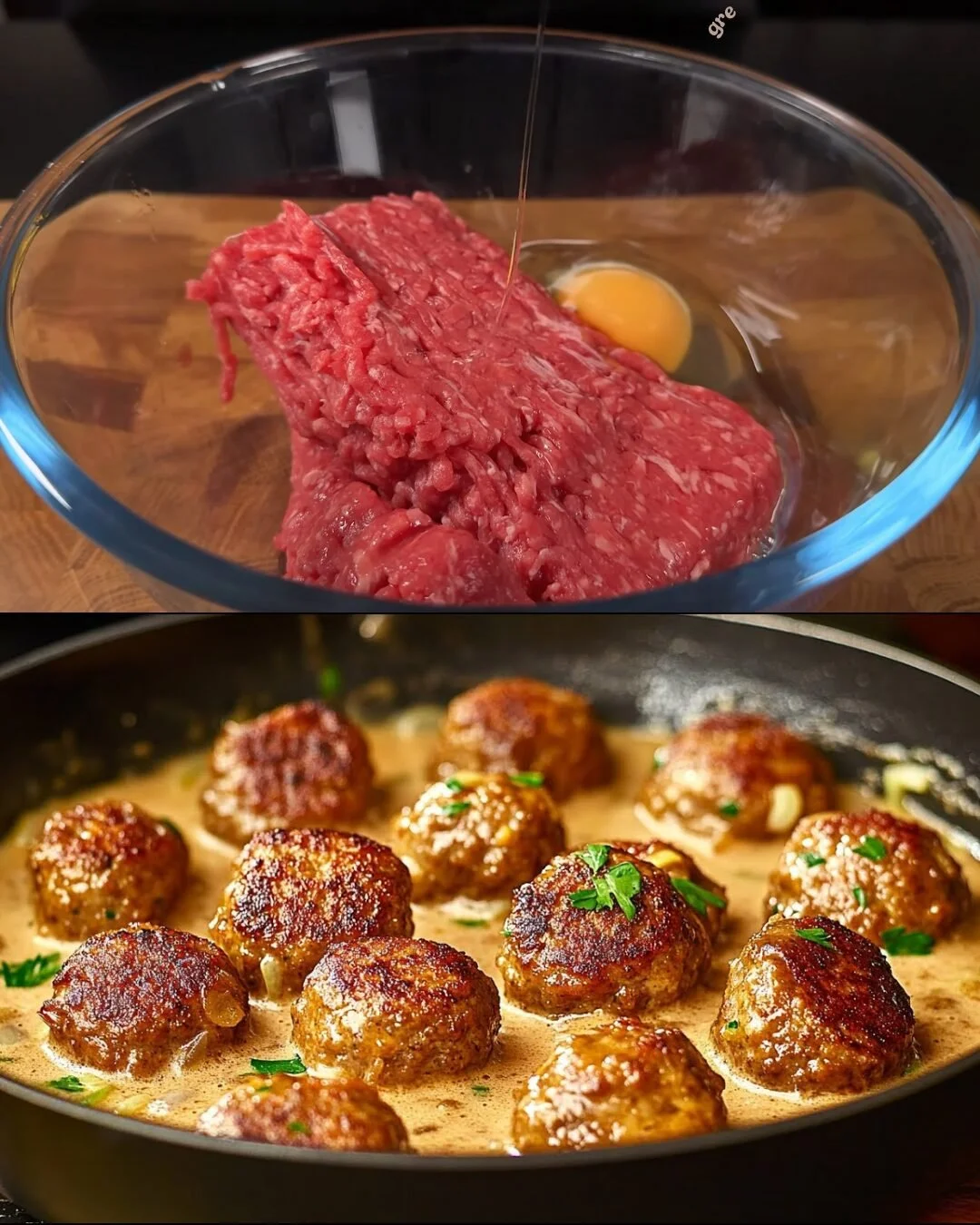 Romige mosterd gehaktballen geserveerd met knoflook chili pasta en champignon salade.
