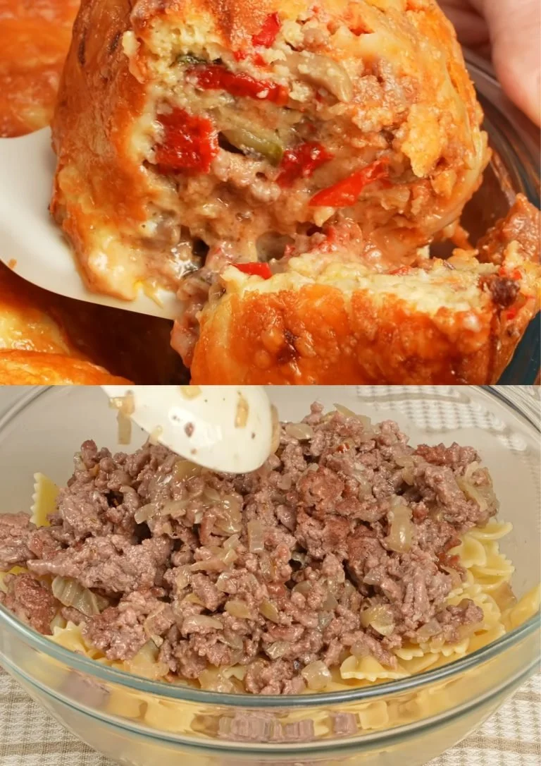 Romige pasta bake met gehakt en groenten in een oven schaal