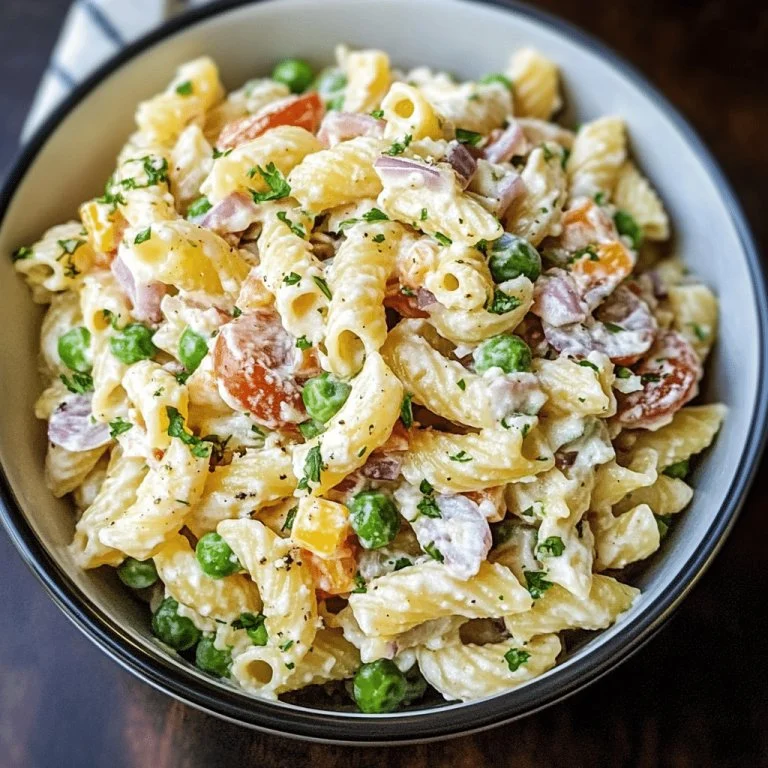 Romige pasta salade met verse ingrediënten in een kleurrijke serveerschaal.