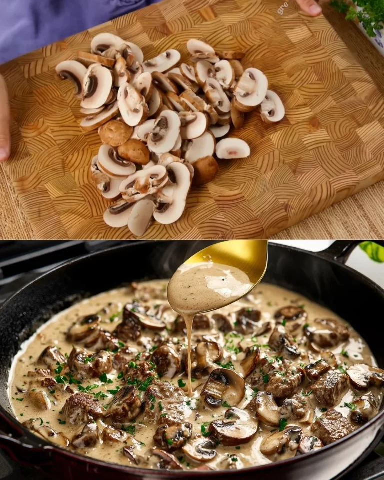Romige steak en champignons geserveerd met boter rijst.