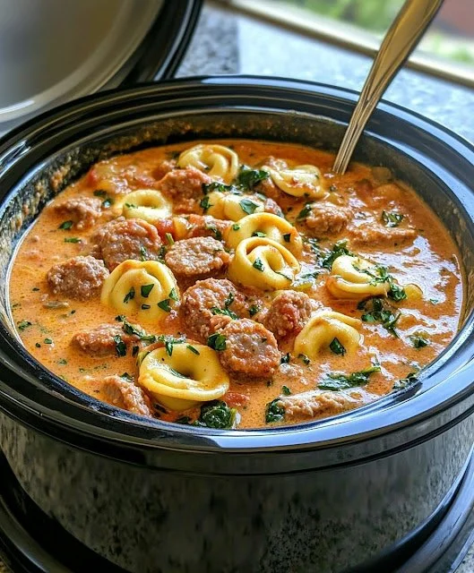 Romige tortellini soep gemaakt in de slow cooker met verse ingrediënten.