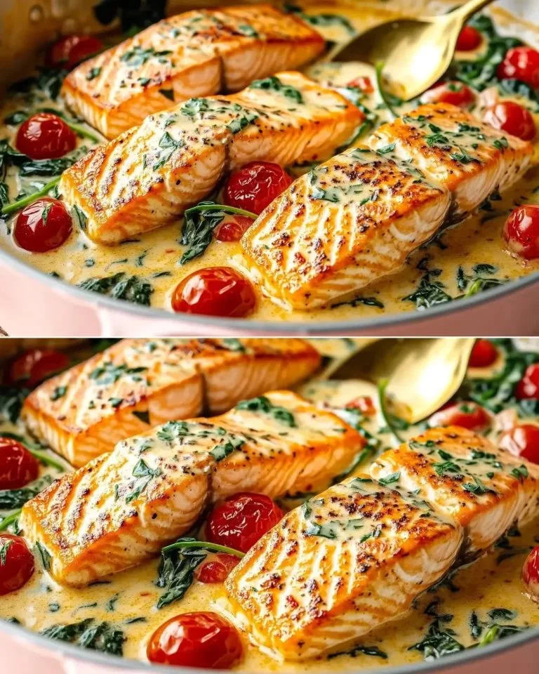 Romige Toscaanse zalm in een pan met verse kruiden