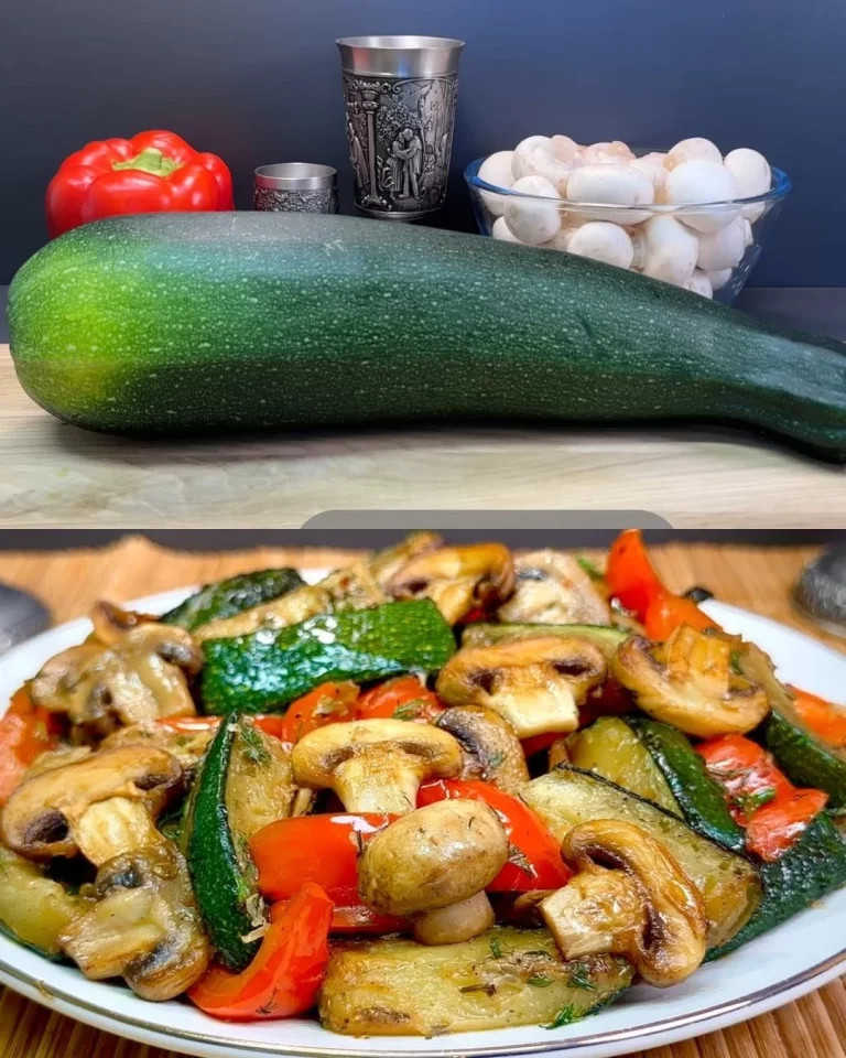 Romige zucchini roerbak met champignons en parmezaan, geserveerd met dille.