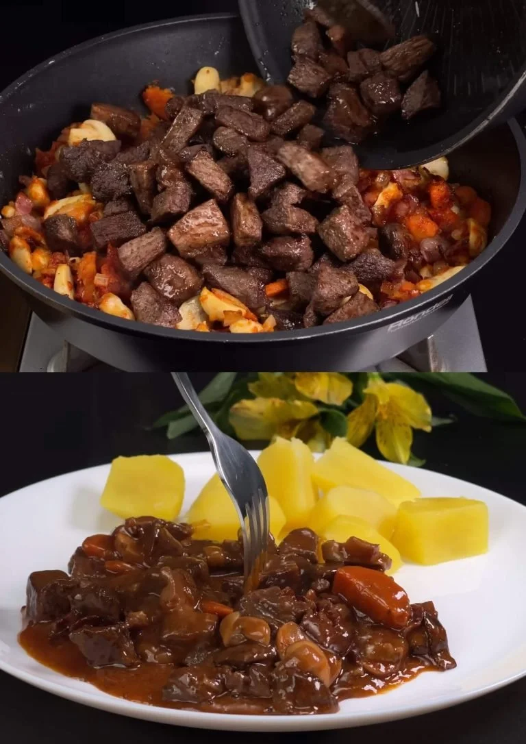 Heerlijke runderstoofpot met aardappelen geserveerd in een kom