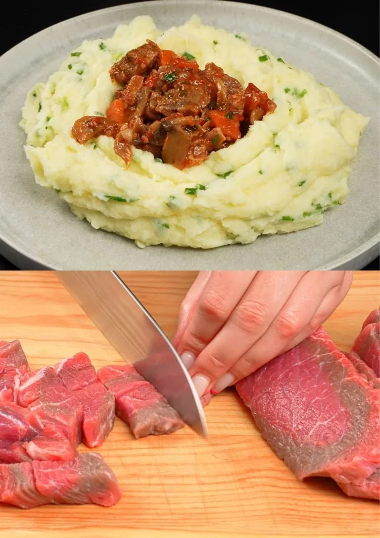 Runderstoofpot met aardappelen en spek gekookt in een traditionele pan