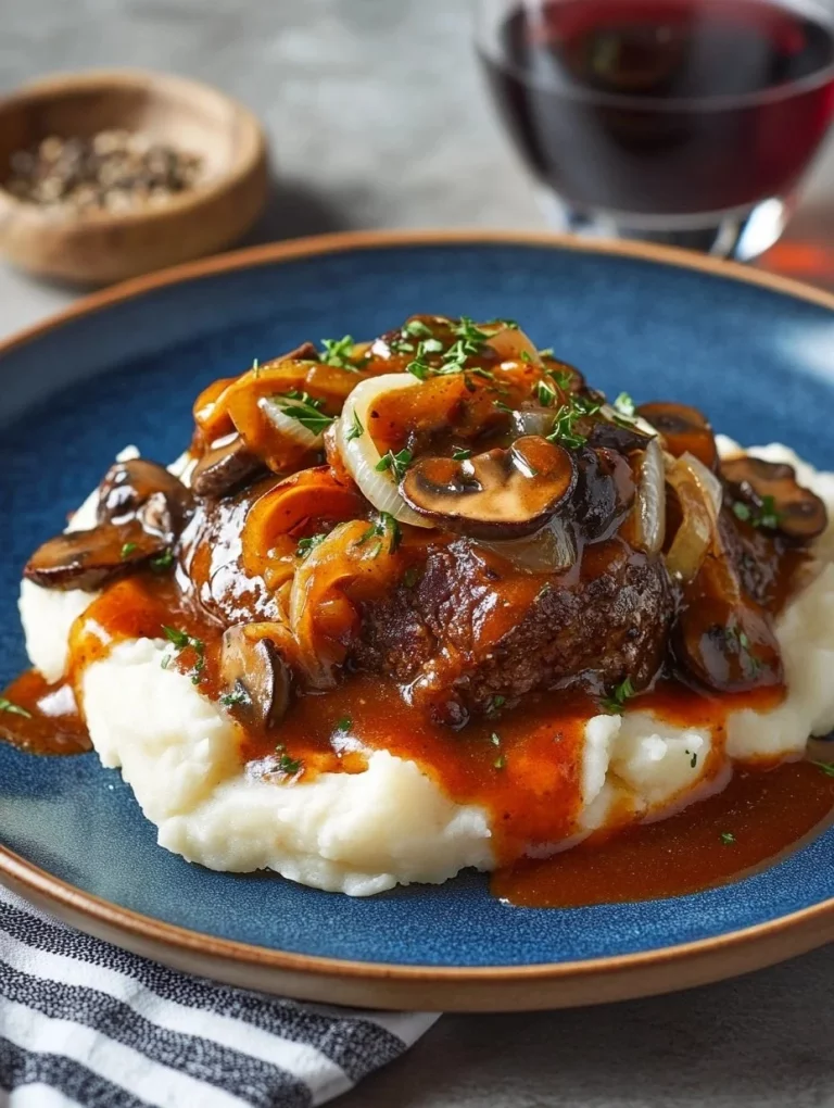 Salisbury Steak met romige champignon saus op een bord