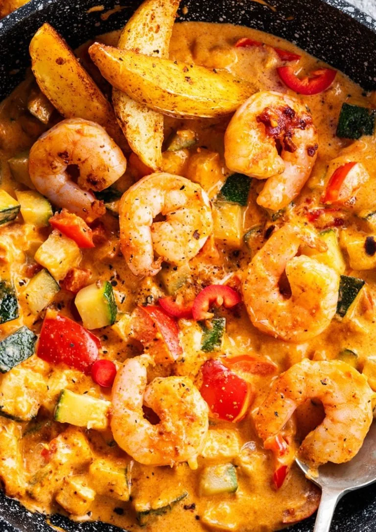 Scampi Diabolique met geroosterde baby aardappelen op een bord