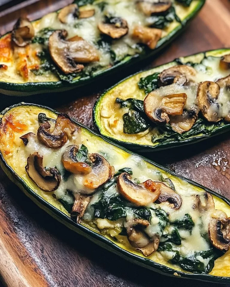 Gevulde courgettebootjes met spinazie, champignon en ricotta op een bord.