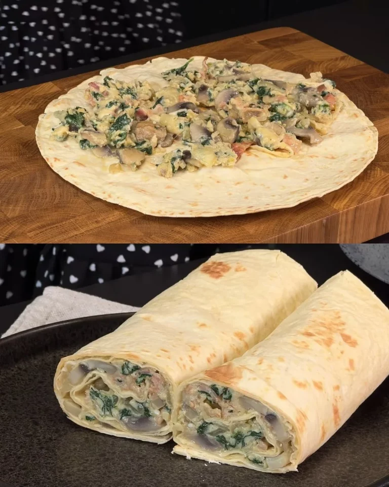 Ontbijt tortilla wrap met spinazie, champignons en spek in een lunchbox.