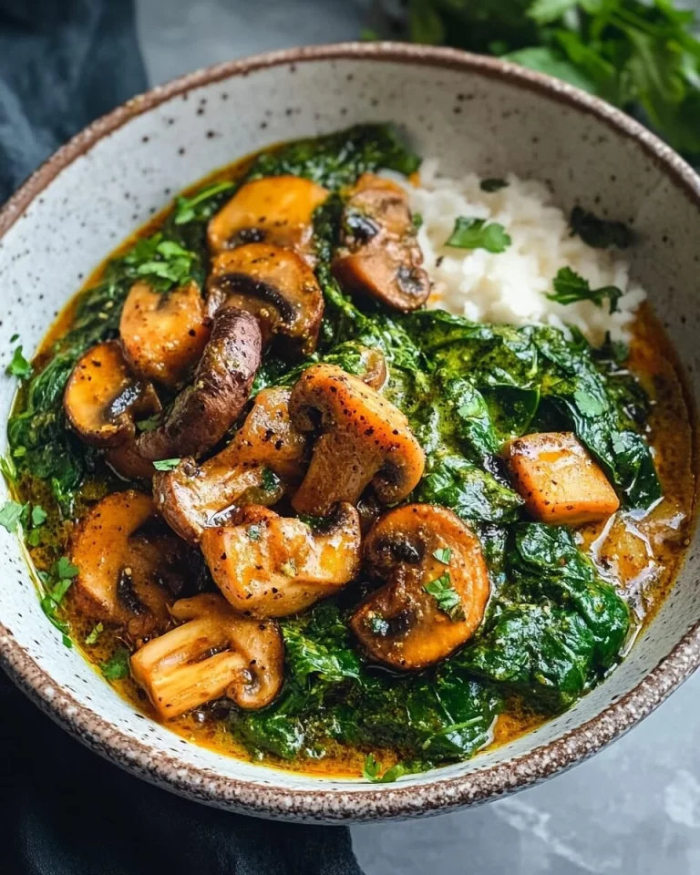 Spinazie Champignon Curry met rijst en kruiden op een bord