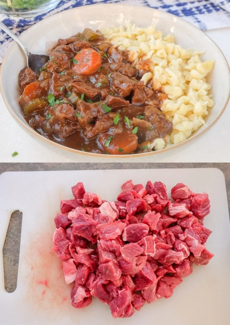 Traditionele Duitse Goulash met vlees en groenten in een stoofpot.