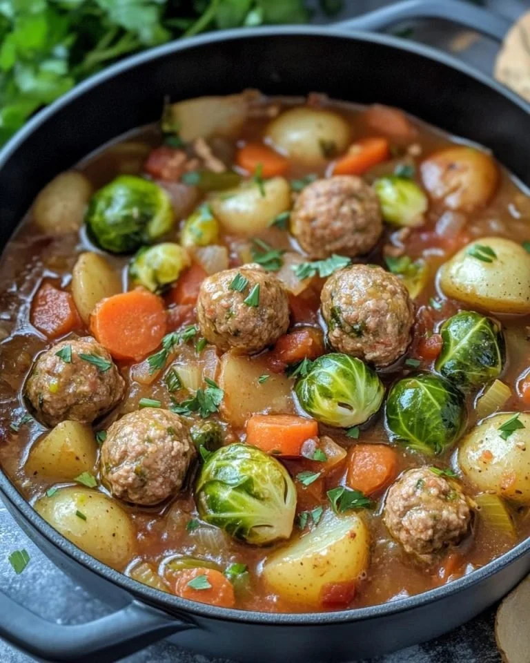 Traditionele Nederlandse gehaktbal stoofpot met spruiten en aardappelen.
