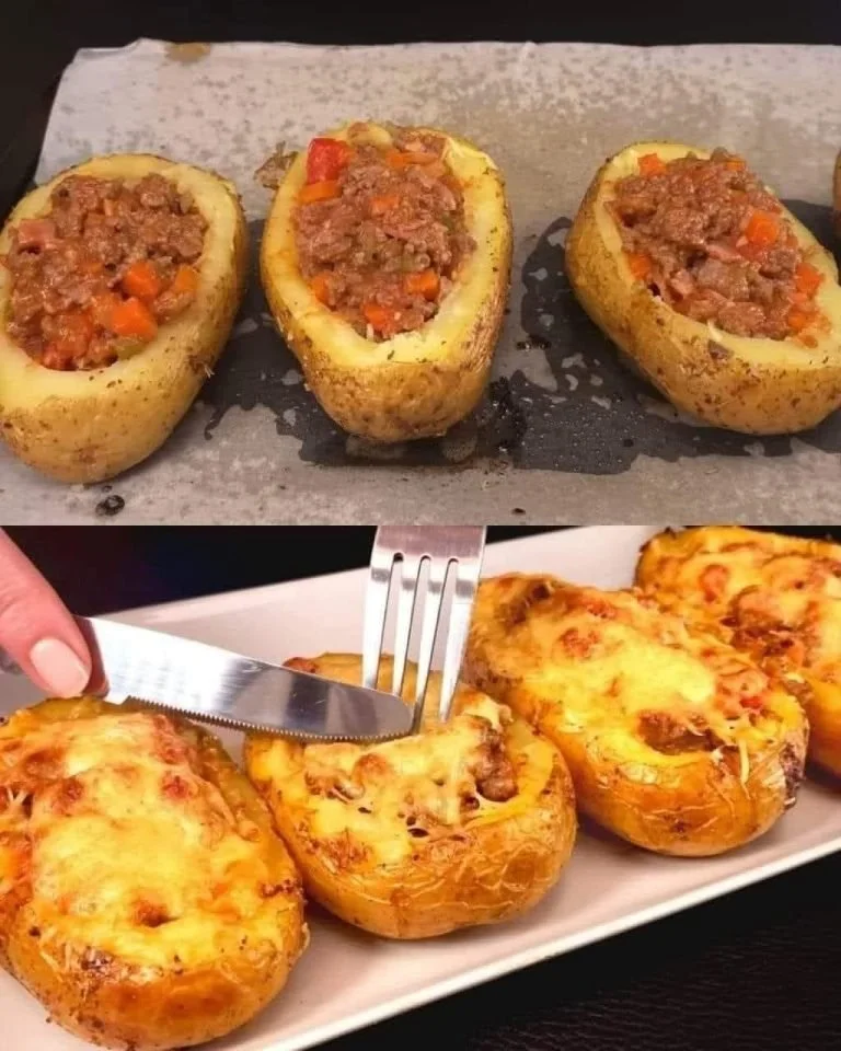 Tweemaal gebakken aardappelen met vlees en kaasvulling op een bord