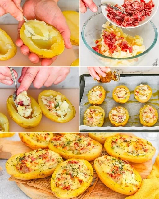 Tweemaal gebakken gevulde aardappelen bereid met verse ingrediënten
