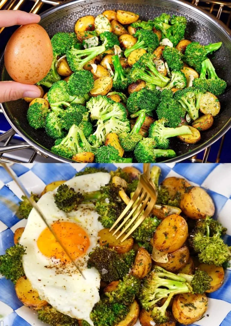 Heerlijk gerecht met aardappelen, broccoli en eieren op een bord.