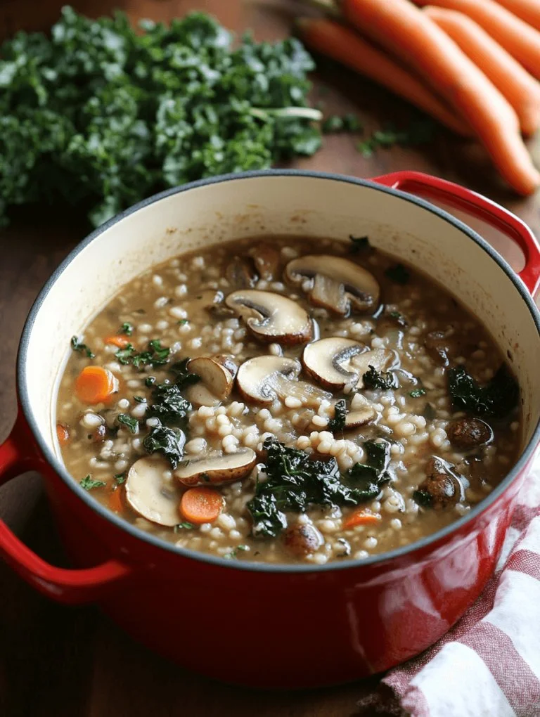 Vegan Paddenstoelen Soep met Gerst en Boerenkool in een kom