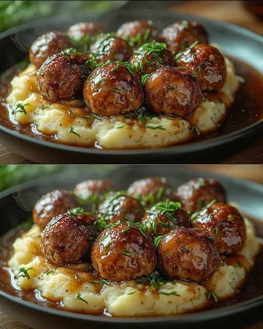 Veganistische linzen-paddestoelballen geserveerd met romige selderij-aardappelpuree.