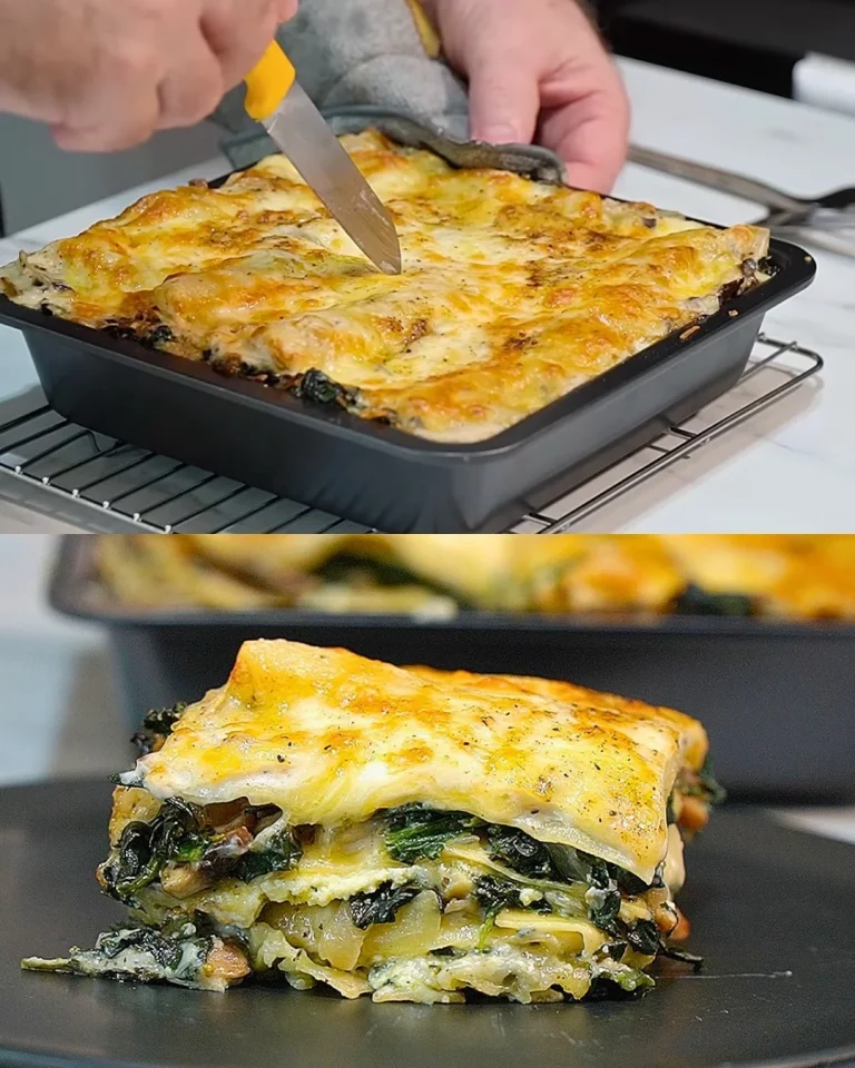 Vegetarische champignon en spinazie lasagne - een gezonde maaltijdoptie.