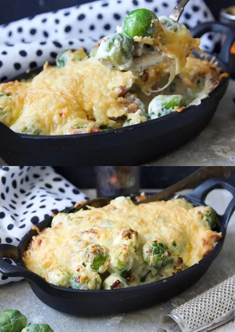 Verfijnde spruitgratin met spek en pijnboompitten in een elegante schotel