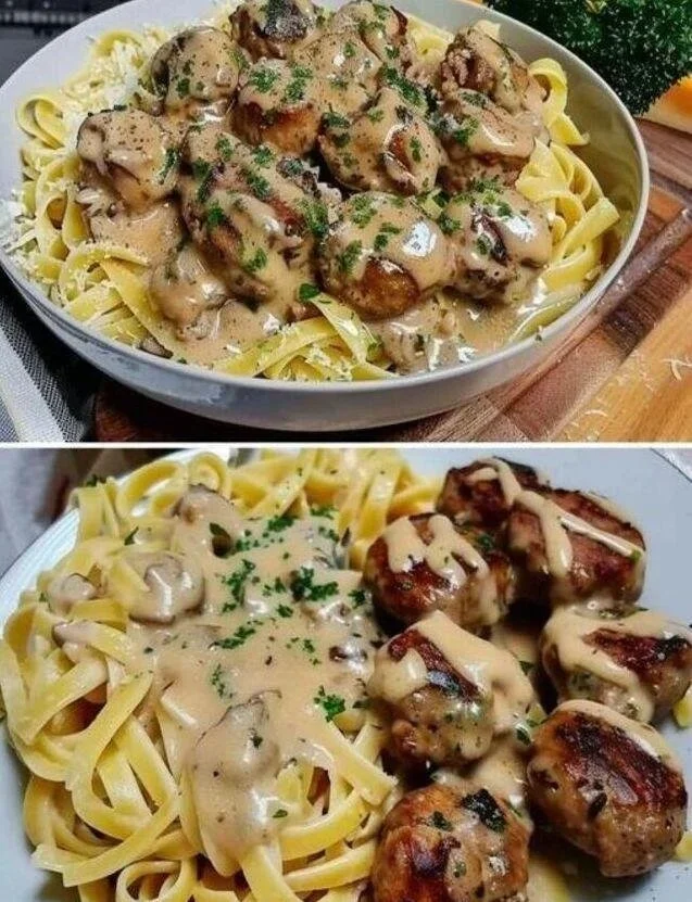 Vleesballetjes in romige champignonensaus met tagliatelle op een bord