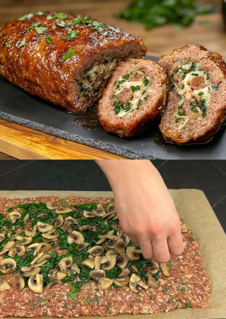 Vleesbrood met spinazie en champignons, een smakelijk en gezond gerecht