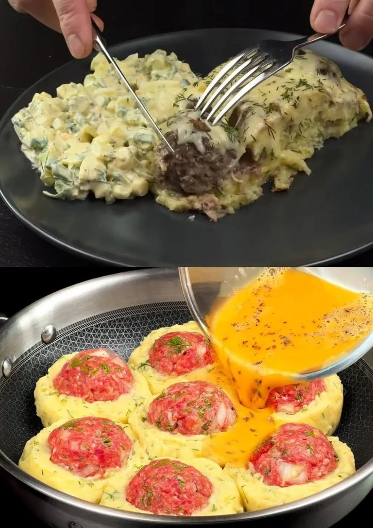 Heerlijk aardappelgerecht met gehaktballen en een frisse salade