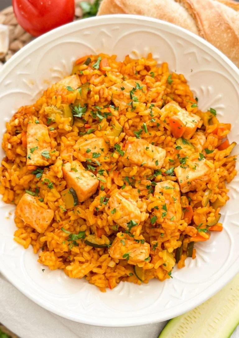 Zalm met Spaanse rijst, een smakelijk en gezond gerecht.