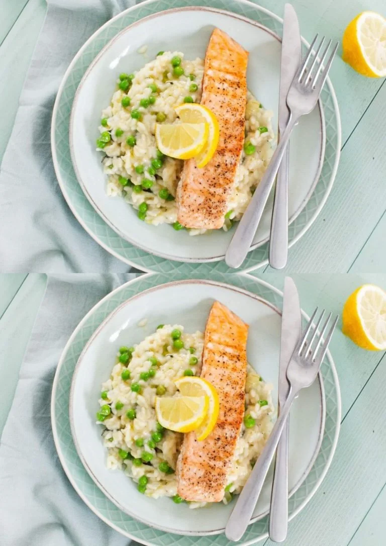 Heerlijke zalm risotto met verse ingrediënten en romige textuur.