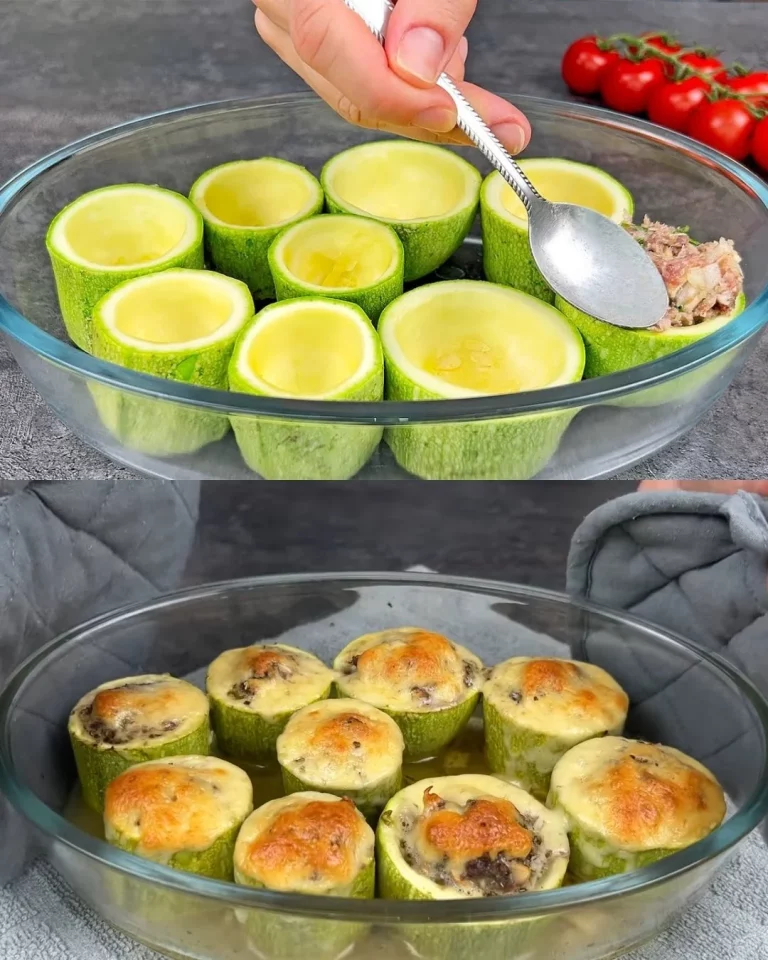 Zucchini groentenboten gevuld met rundvlees, champignons en romige dillsaus