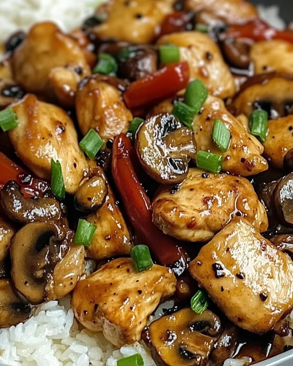 Kruidige Zwarte Peper Kip met Champignons op een bord