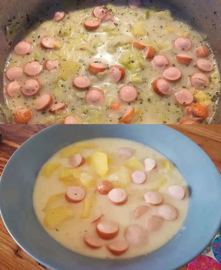 Aardappel-wortelsoep met worst in een kom, gezond en smakelijk recept.