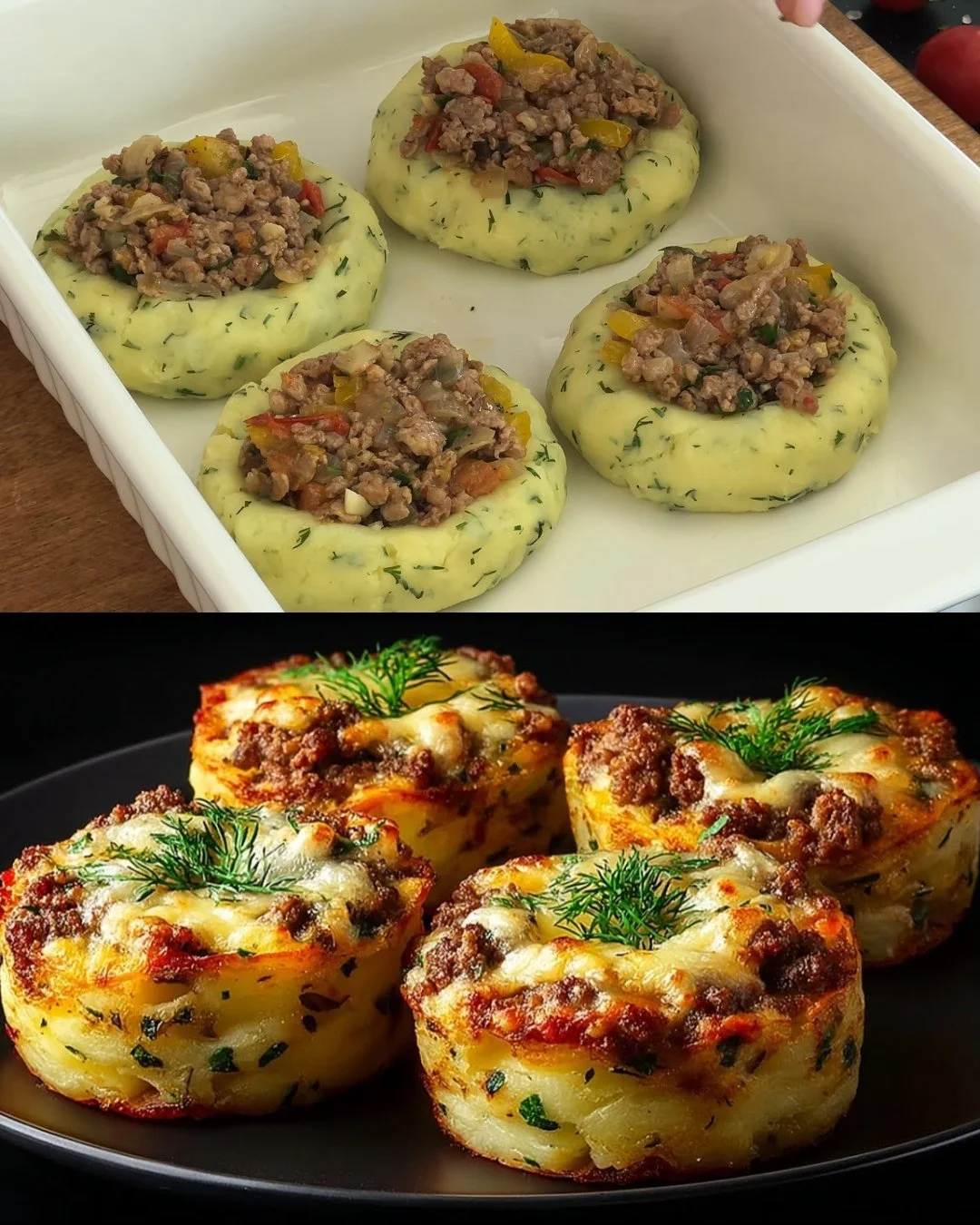 Aardappelgratin met gehakt en groenten op een bord