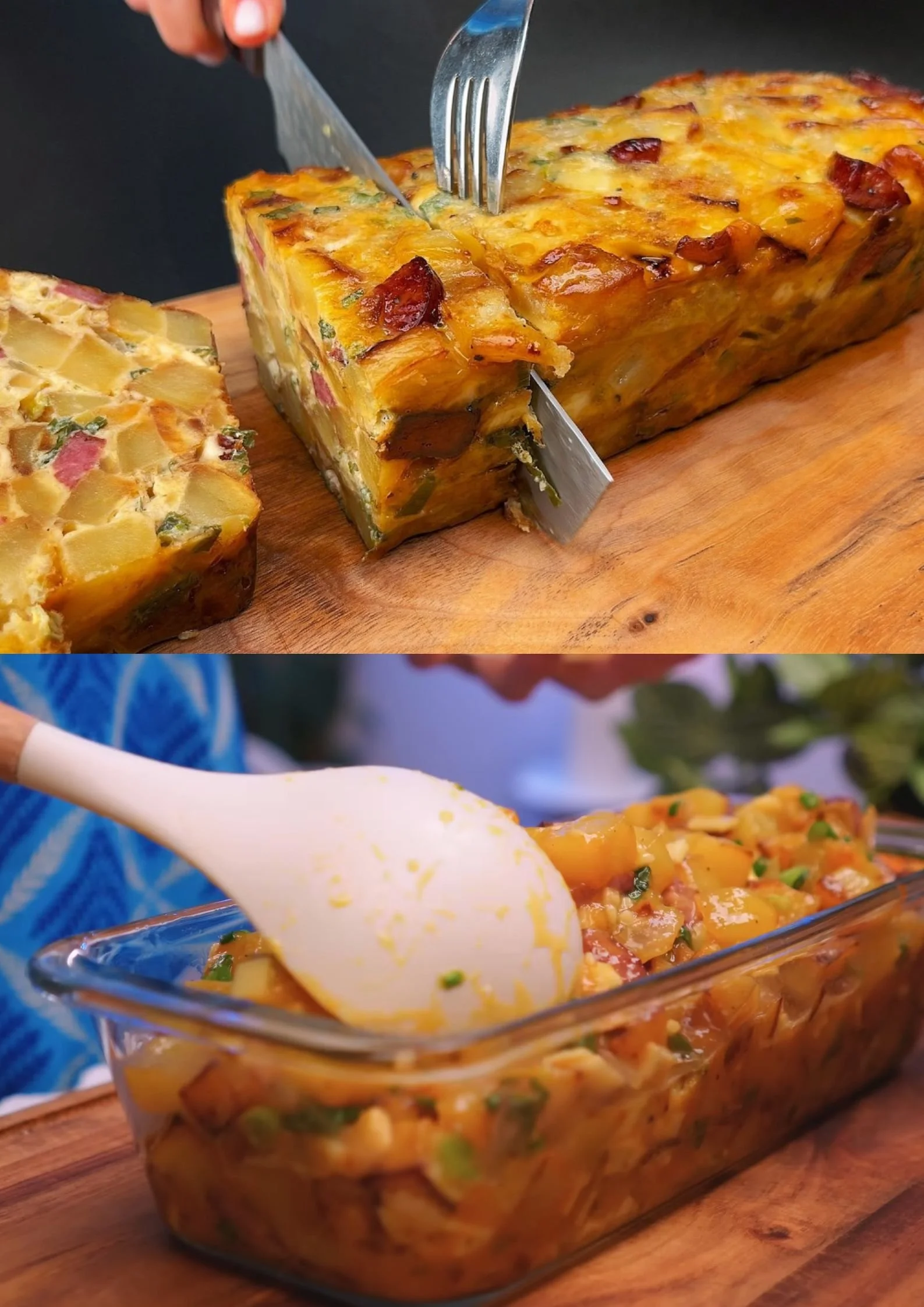 Aardappelgratin met worst en warme groentesalade op een bord