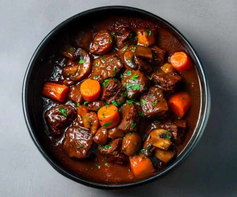 Heerlijke Beef Bourguignon geserveerd met groenten en aardappelpuree.