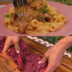 Biefstuk Stroganoff met champignons en roomsaus op een bord