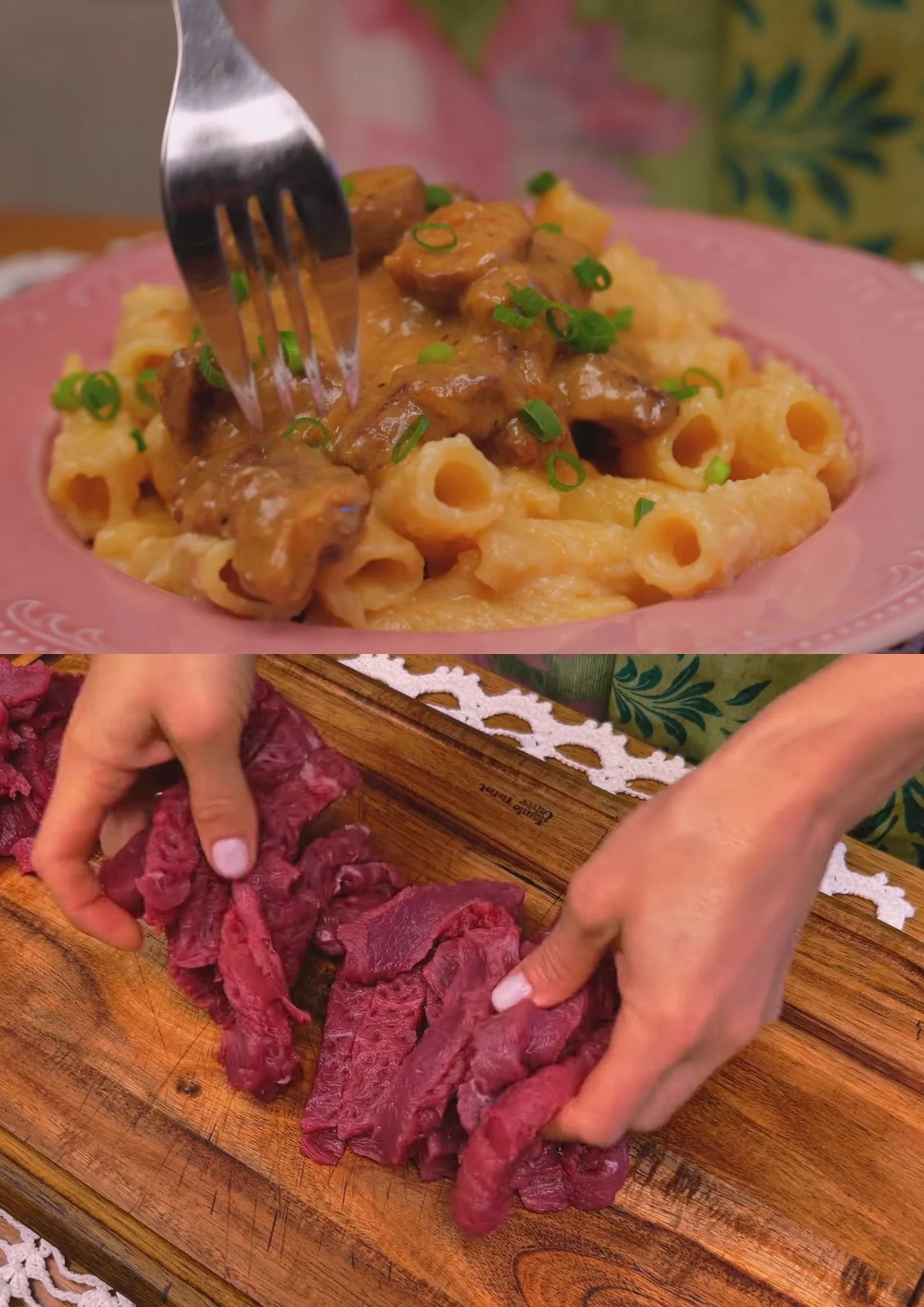 Biefstuk Stroganoff met champignons en roomsaus op een bord