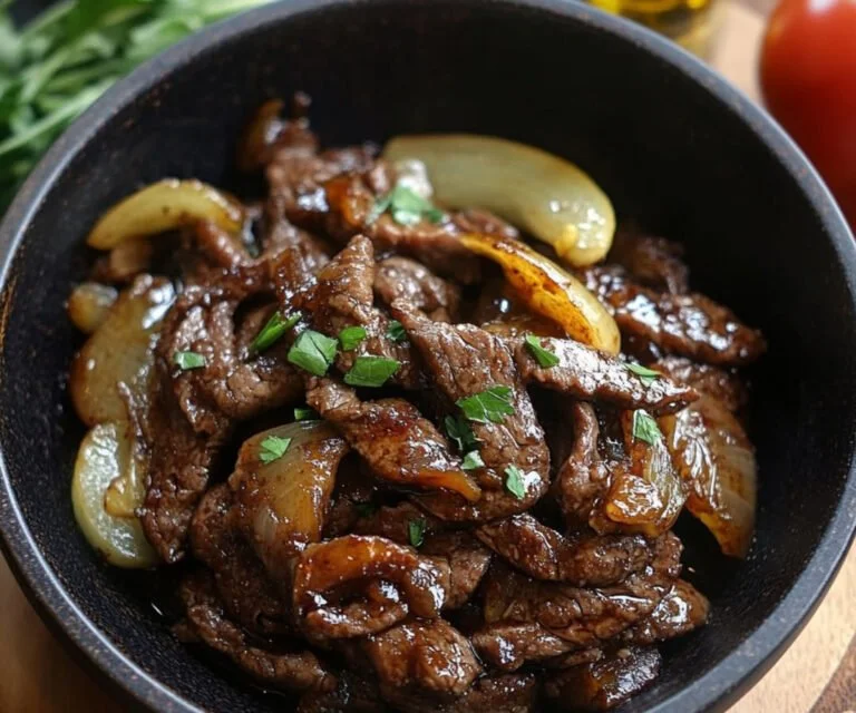 Heerlijke biefstukreepjes met uien klaar om te serveren in een pan.