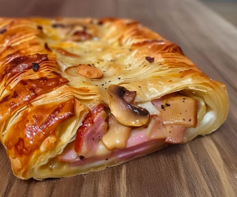 Bladerdeeggerecht met paddenstoelen en ham, een smakelijk voorgerecht.