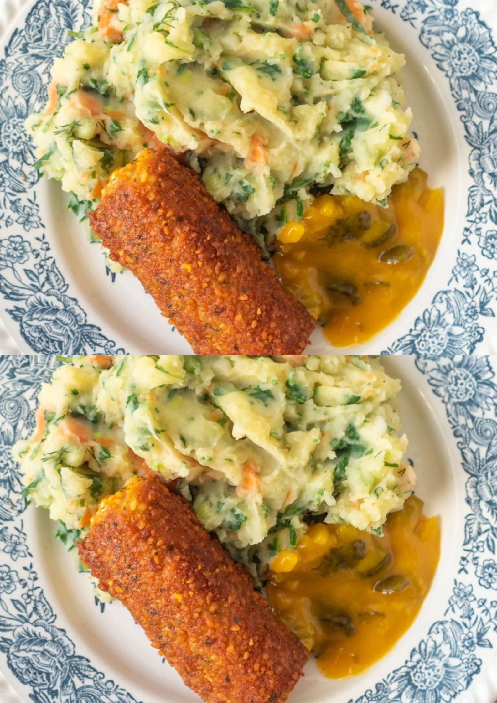 Een bord Dutch Meat Logs met lentepuree en huisgemaakte pickles