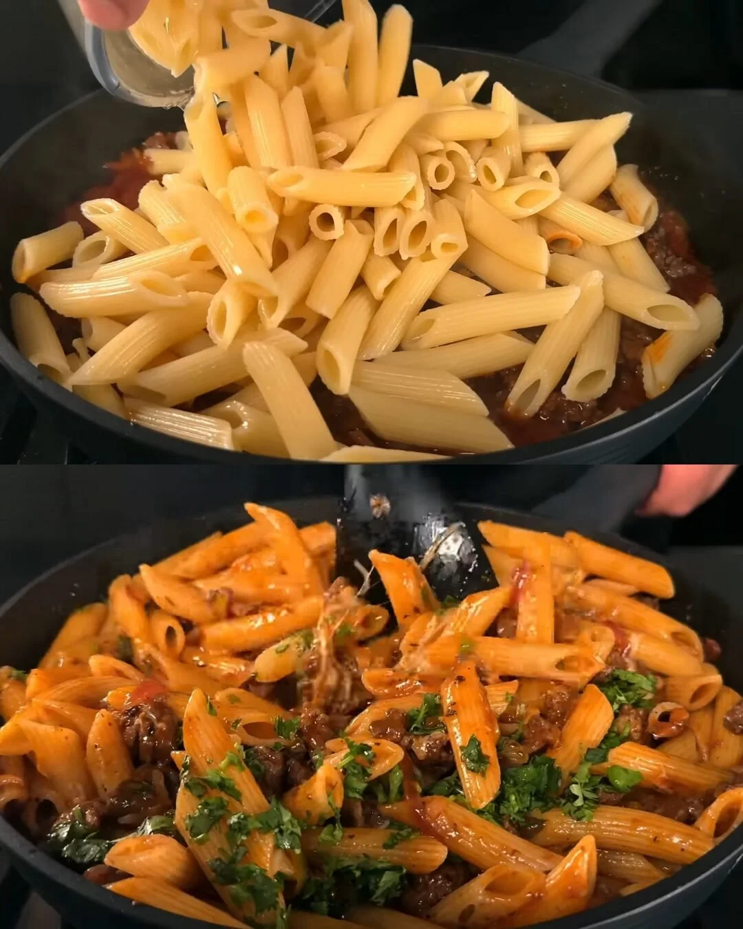 Eenpansgerecht met Tuscan-stijl gehaktpasta en verse ingrediënten.