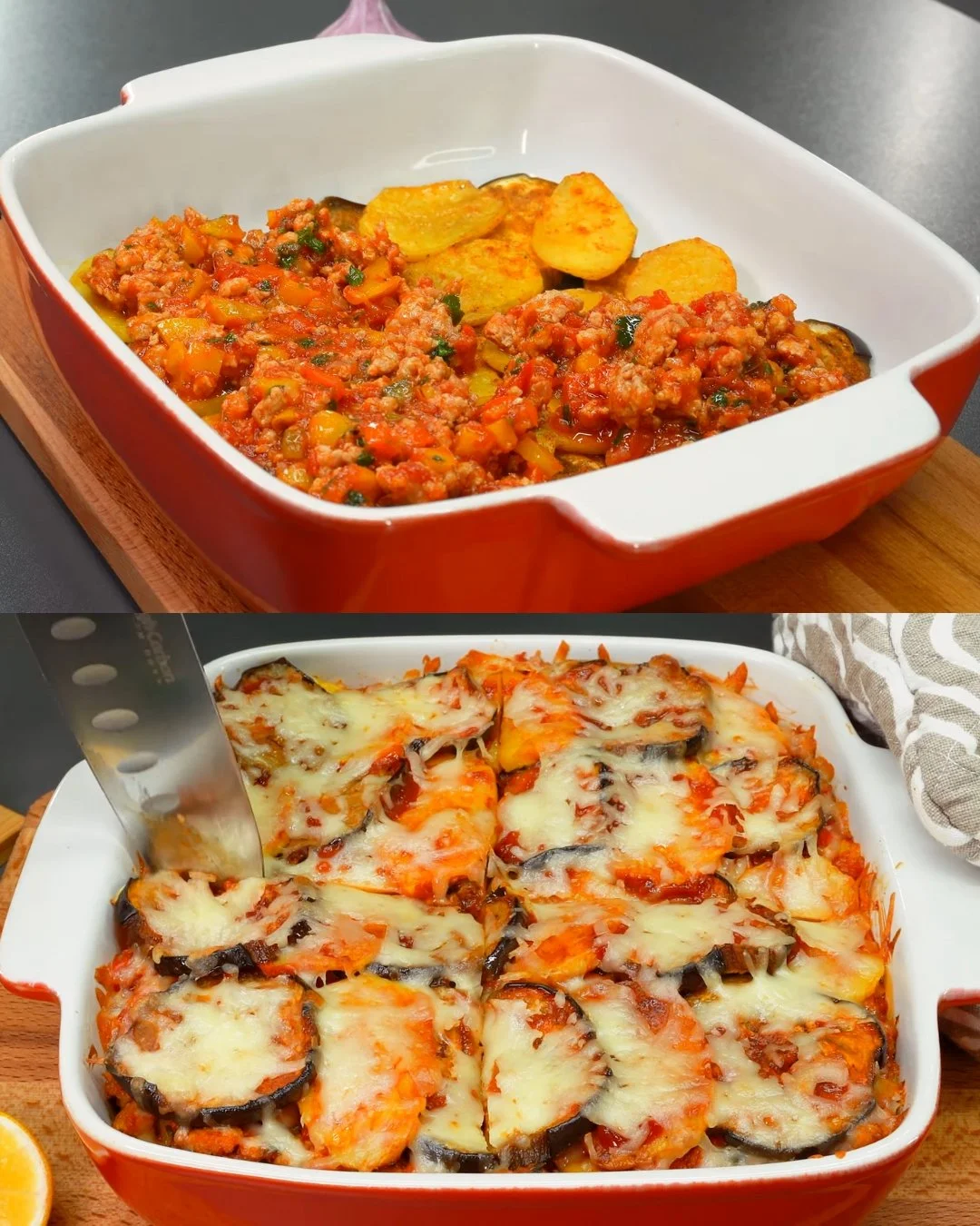 Gebacken aubergine en aardappel casserole met gemalen vlees en mozzarella