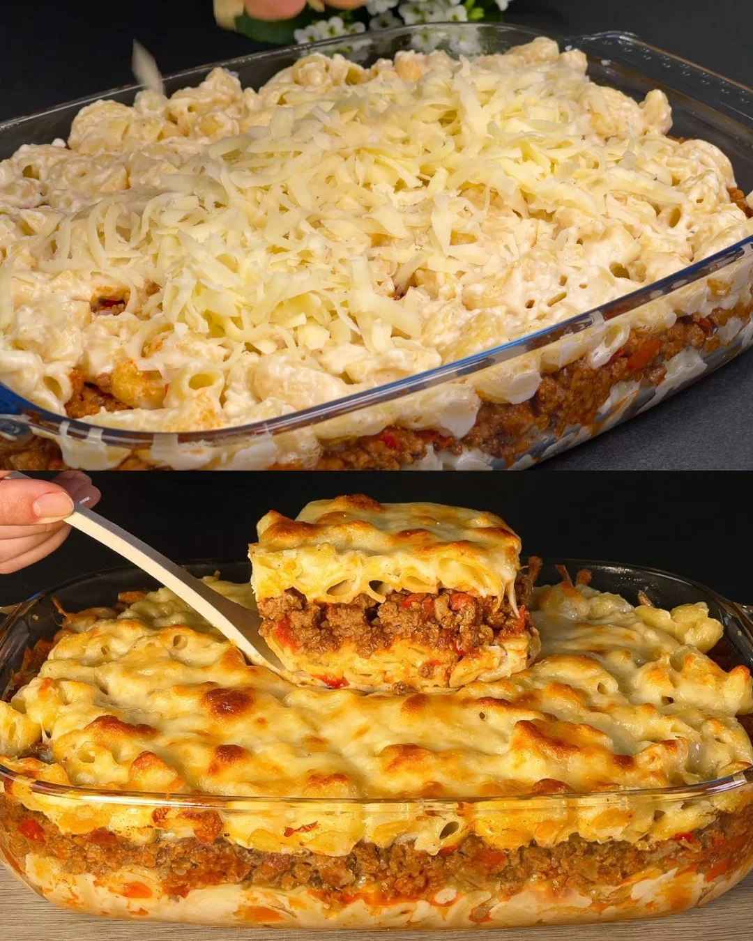 Gebackene pasta met vlees saus en bechamel in een ovenschotel
